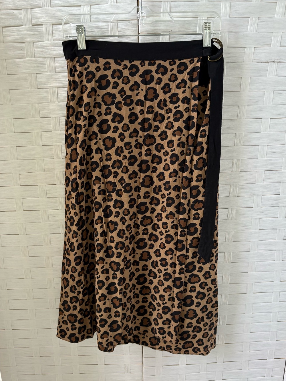 Hobbs London Size 8 Leopard Print Faux Wrap Midi Skirt Black Waist Tie Career